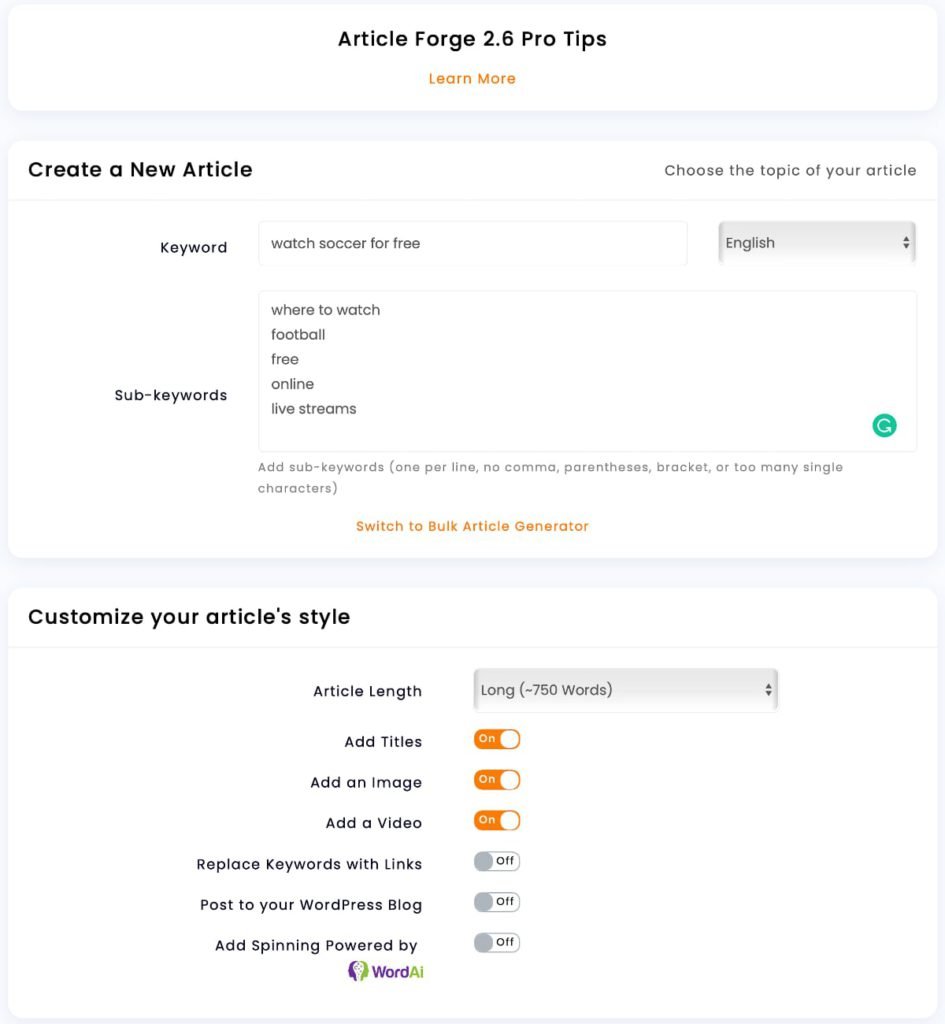 configuração do articleforge para comparação de artigos